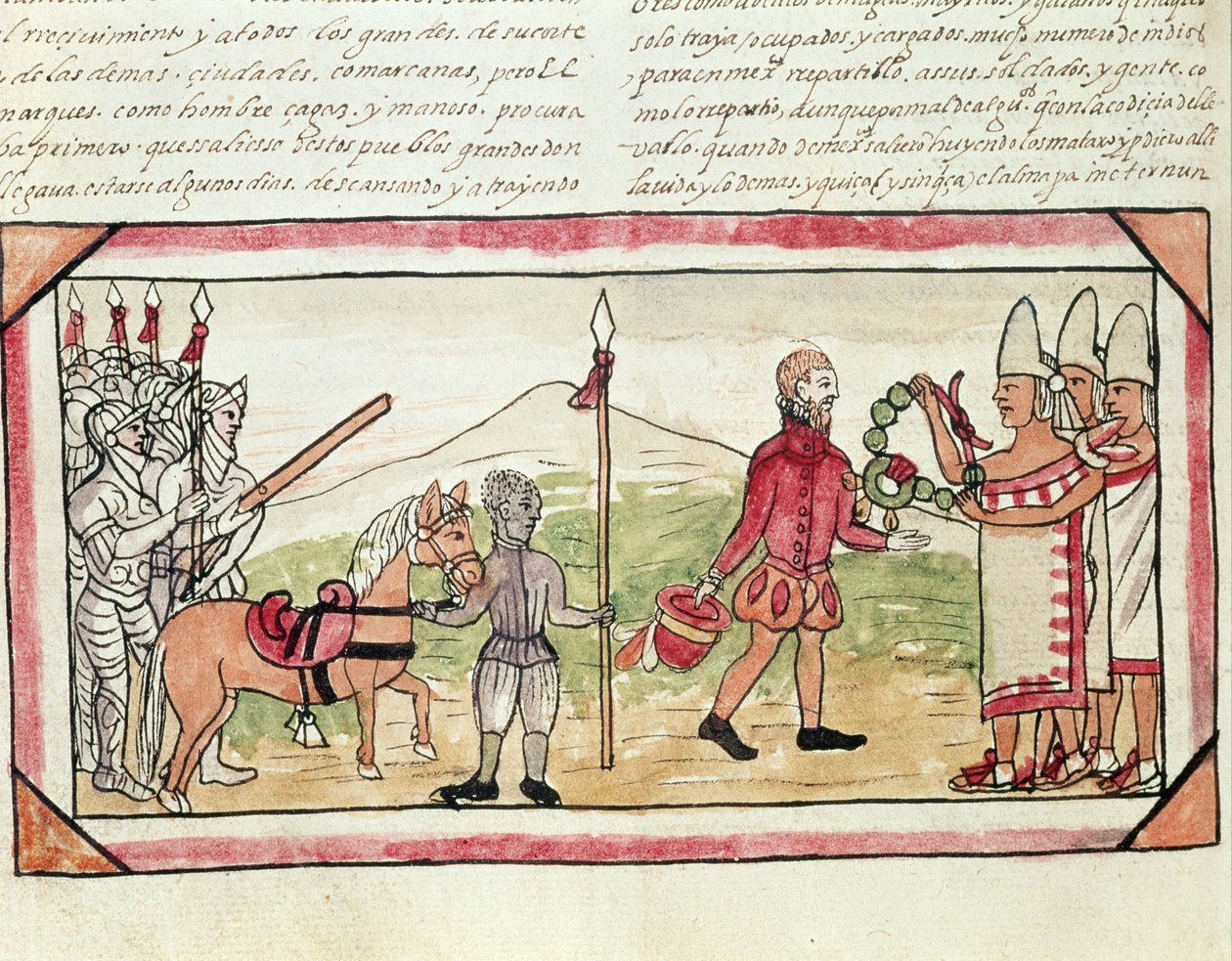 Fol.208v Hernando Cortesin (1485-1547) ja Montezuman (1466-1520) tapaaminen, miniatyyri Diego Duranin intiaanien historiasta, 1579 tekijältä Diego Duran