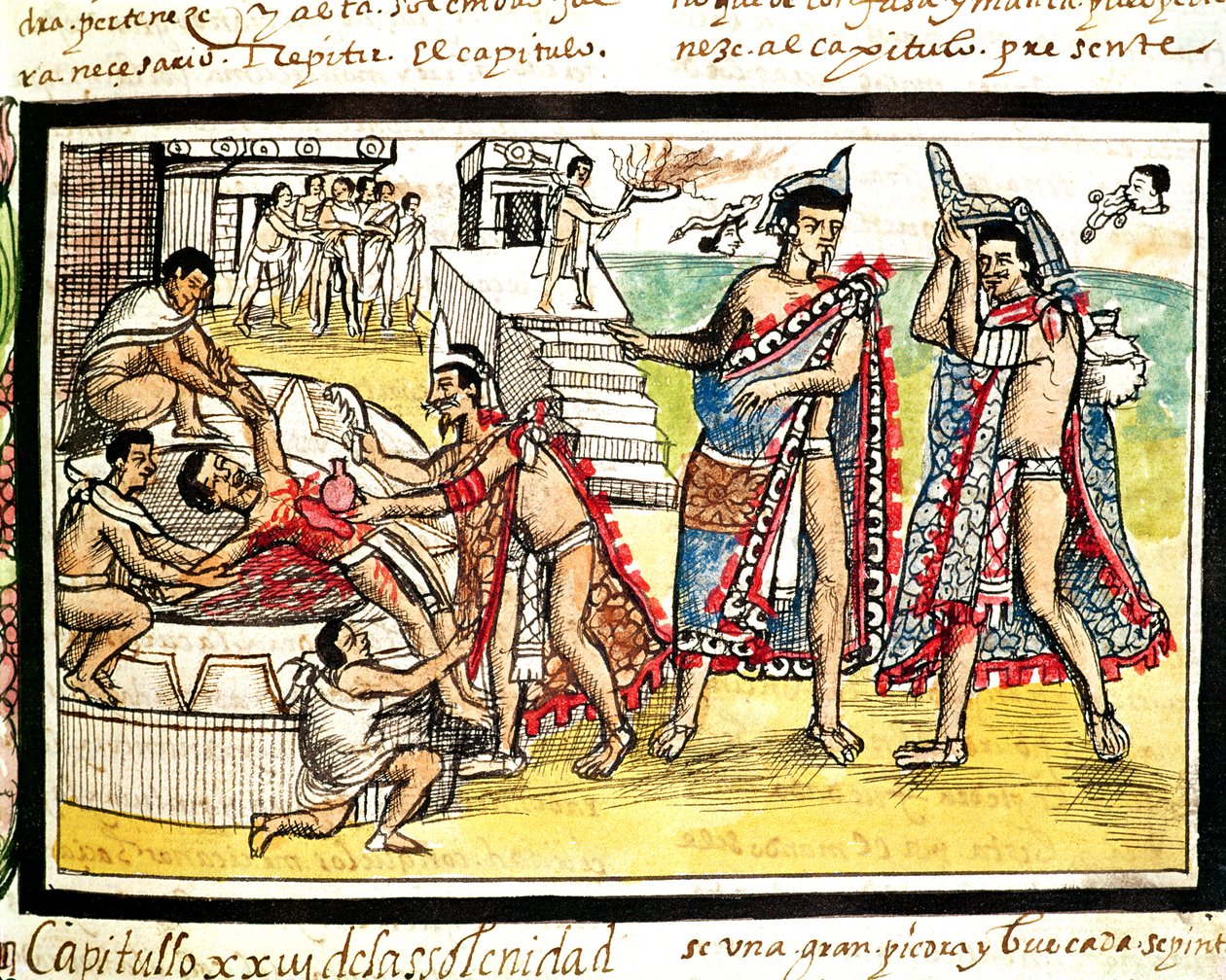 Fol.70v Human Sacrifice, Codex Duranista 1579 (vellum) tekijältä Diego Duran