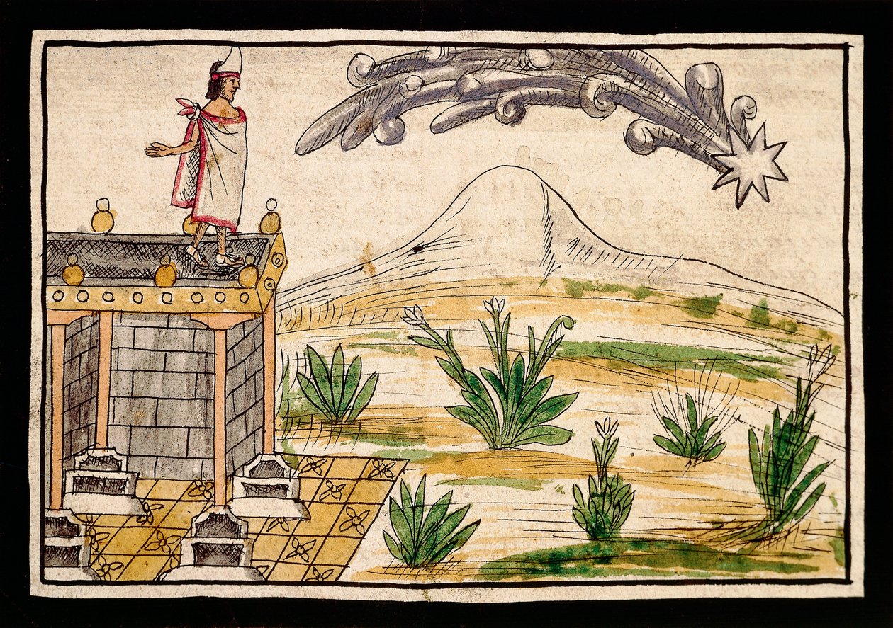 Montezuma tarkkailee komeetta, miniatyyri Diego Duranin (1537-1588) Intian historiasta tekijältä Diego Duran