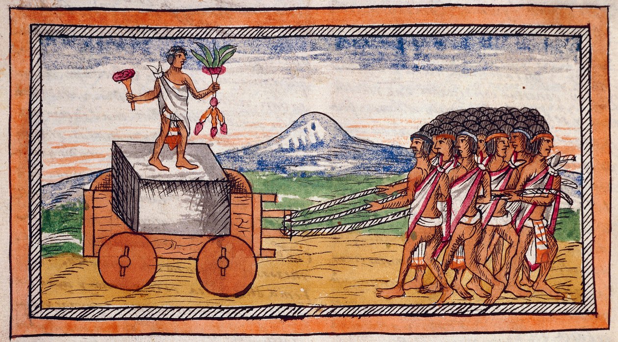 Atsteekit kuljettamassa kiviä kaupunkinsa rakentamiseen, venytysvesiväri Diego Duranin (1537-1588) Intian historiasta, käsikirjoitus, folio 188 recto tekijältä Diego Duran