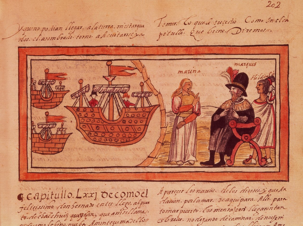 Intiaaniprinsessa Malinche tai Dona Marina, Hernando Cortesin (1485-1547) rakastajatar, tulkkaa hänelle. tekijältä Diego Duran