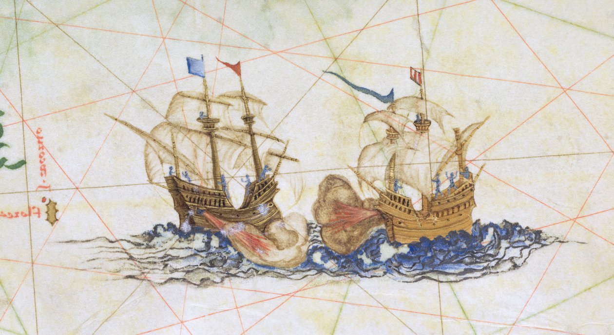 Lisää 5415A f.10 Two Galleons Fighting, yksityiskohta "Opus Geographicumista" tekijältä Diego Homem