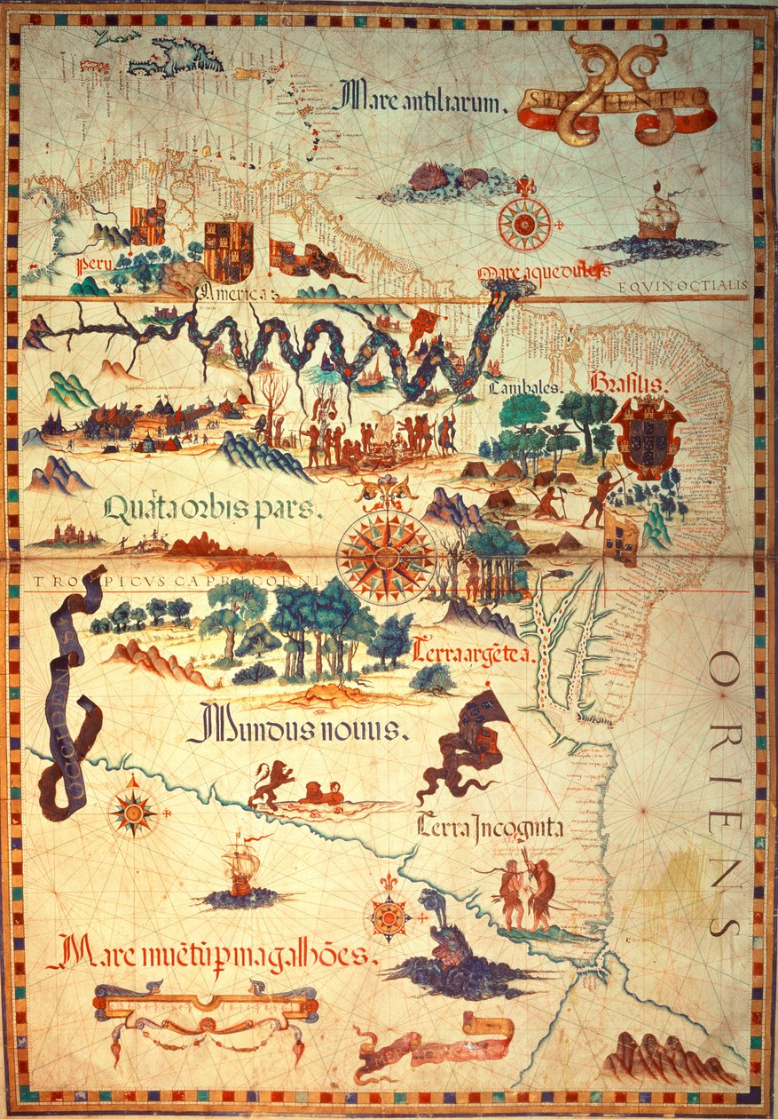 Lisää Etelä-Amerikan Diego Homemin 5415A f.23v-24 Atlas, joka näyttää intiaanit asutuksissaan, espanjalaisen retkikunnan joukkoleirin ja miehet panssarivaunuissa, n. 1558 tekijältä Diego Homem