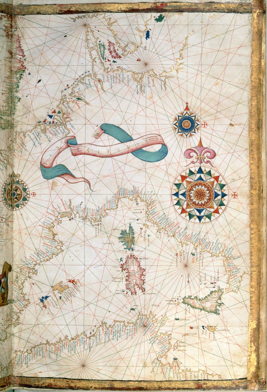 Korsika, Sardinia ja Sisilia, yksityiskohta maailmanatlaksesta, 1565. tekijältä Diego Homem