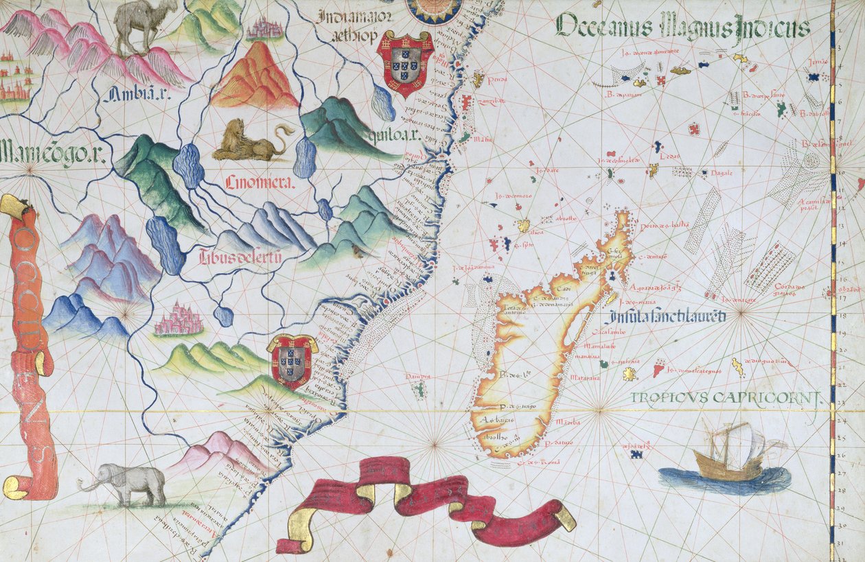 Madagaskar ja Itä-Afrikan rannikko, yksityiskohta maailman atlasesta, 1565 tekijältä Diego Homem