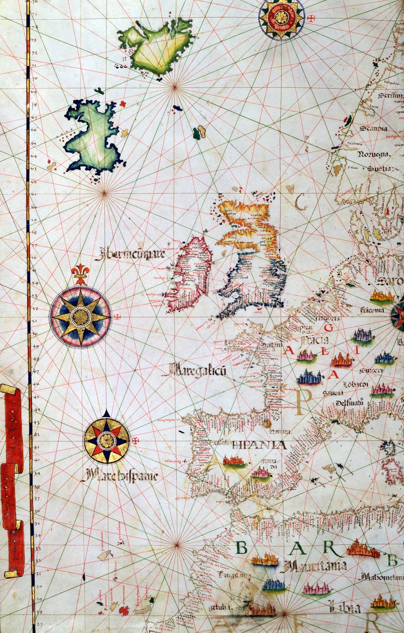 Brittisaaret, Iberia ja Luoteis-Afrikka, yksityiskohta maailman atlassta, 1565 tekijältä Diego Homem