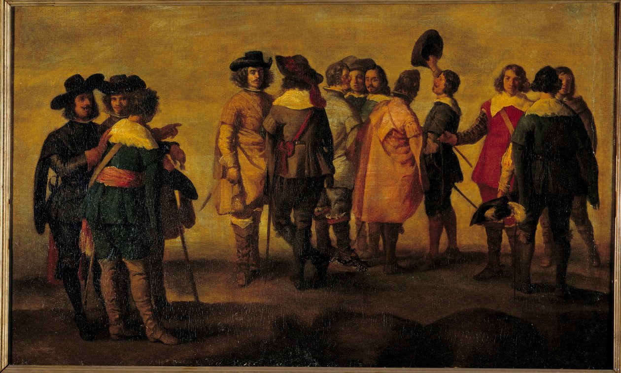 Kolmetoista hahmon keskustelu tai tapaaminen Maalaus Diego Velazquezin (1599-1660) seurueesta 1600-luvun su. 0,47x0,77 m tekijältä Diego Rodriguez de Silva y (after) Velazquez