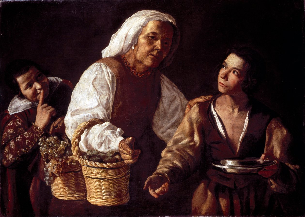 Kaksi poikaa ja vanha hedelmänainen tai vanha hedelmämyyjä. Diego Rodriguezin maalaus, Silva Velazquez (Velasquez tekijältä Diego Rodriguez de Silva y (attr. to) Velazquez