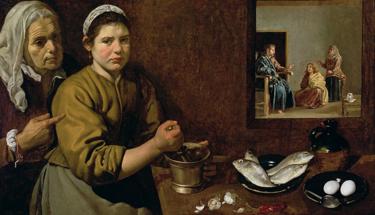 Keittiökohtaus Kristuksen kanssa Martan ja Marian talossa, n. 1618 (öljy kankaalle) tekijältä Diego Velázquez