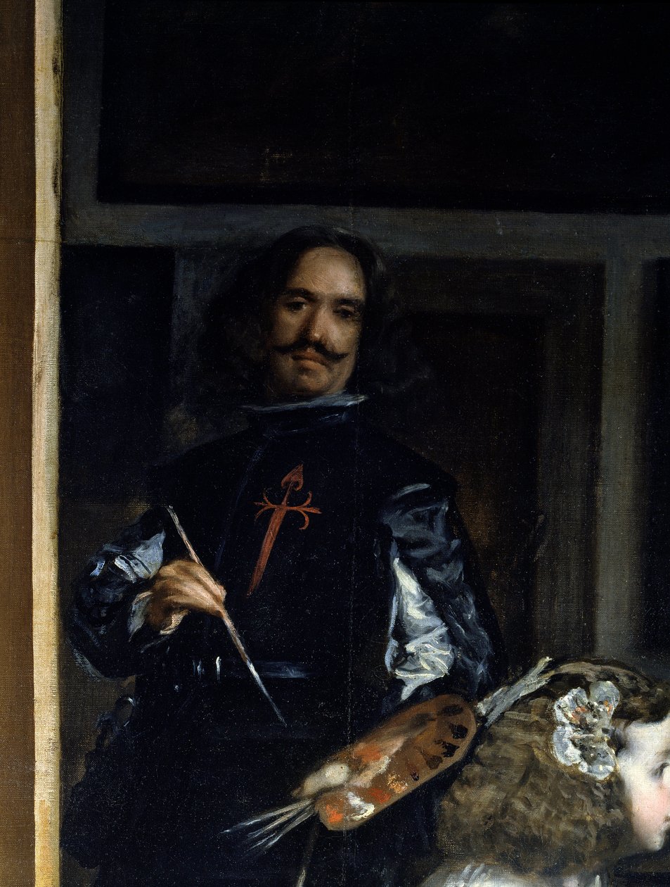 Las Meninas. Yksityiskohta: maalarin omakuva maalaustelineen edessä tekijältä Diego Rodriguez de Silva y Velazquez