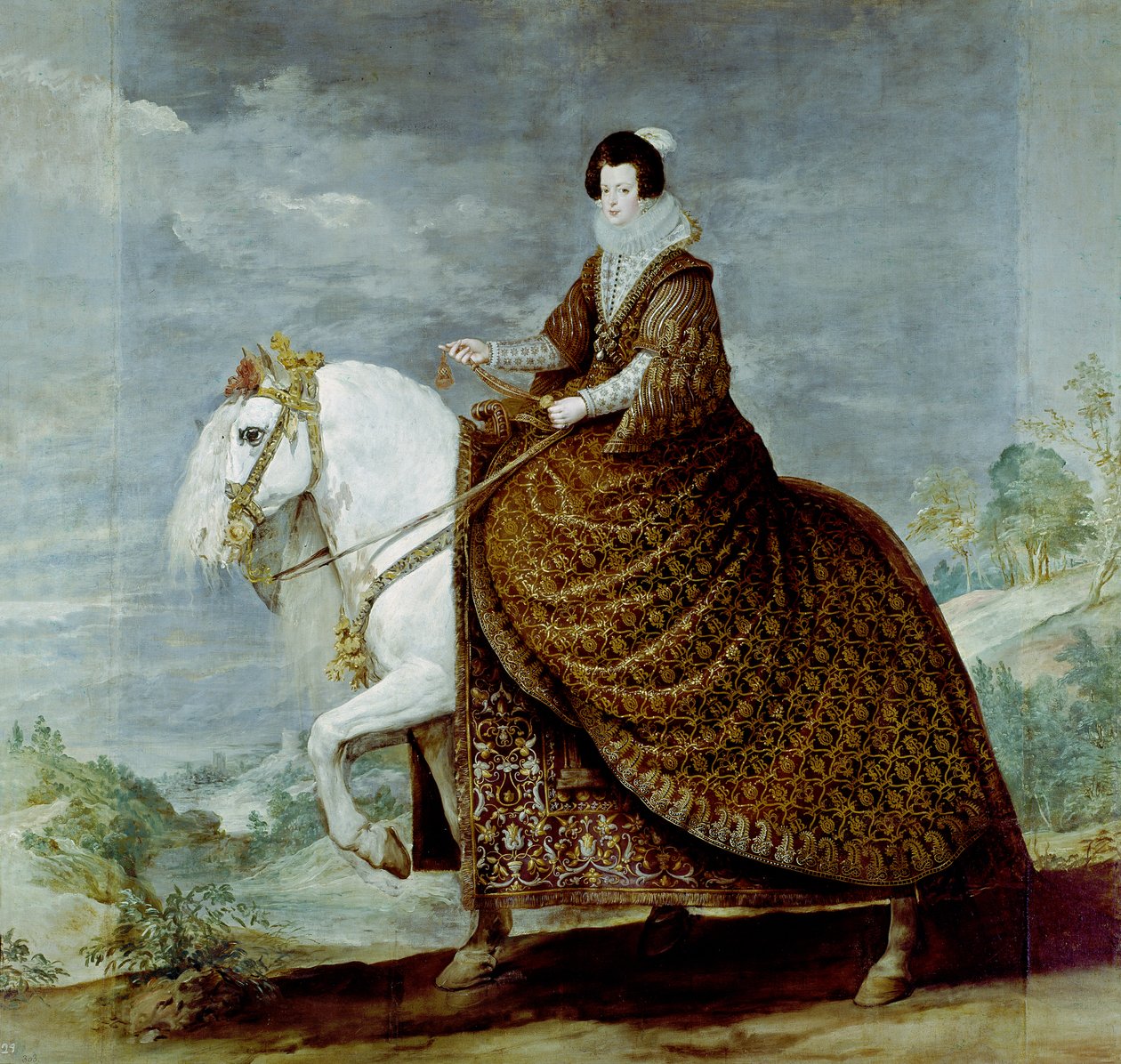 Muotokuva kuningatar Isabella of Bourbonista hevosen selässä tekijältä Diego Rodriguez de Silva y Velazquez