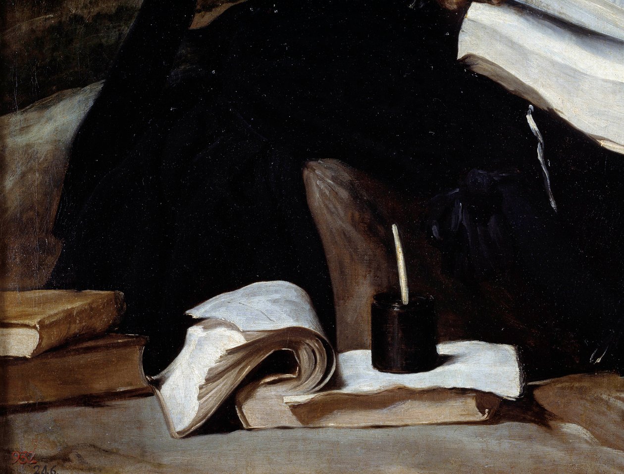 Hullu Diego de Acedon muotokuva, yksityiskohta. Kirjat. Diego Rodriguez de Silvan ja Velasquezin (1599-1660) maalaus tekijältä Diego Velázquez
