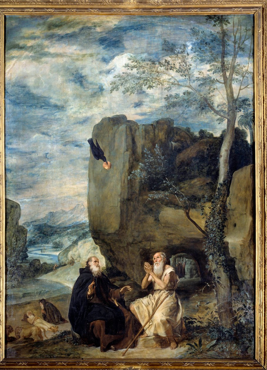 Pyhä Antonius Suuri (tai Pyhä Antonius Erakko tai Pyhä Antonius Abbe) ja Pyhä Paavali Erakko. Diego Rodriguez de Silva y Velasquezin (1599-1660) maalaus noin 1635. Öljy kankaalle. Mitat: 2,57 x 1,88 m. Madrid, Musee Du Prado tekijältä Diego Velázquez