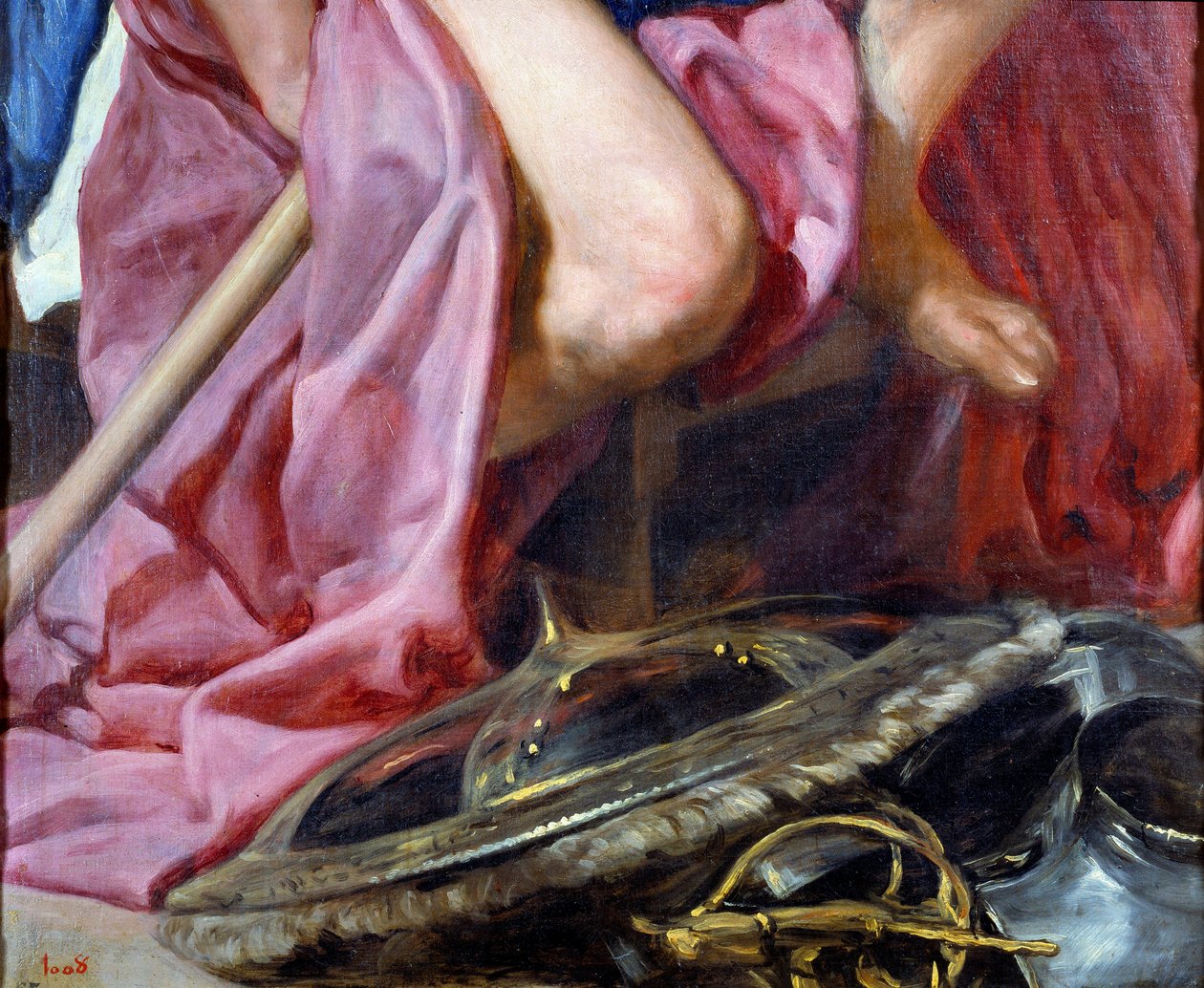 Sodan jumala Mars, kilven yksityiskohta ja haarniska asetettu jumalan jalkoihin. Diego Rodriguez de Silva y Velasquezin (1599-1660) maalaus tekijältä Diego Velázquez
