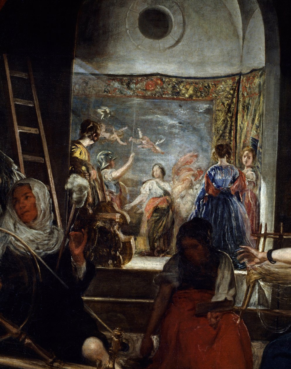 Spinnerit tai Arachne Detail -taru. Diego Rodriguez de Silva y Velasquezin (1599-1660) maalaus, noin 1655-1660, su. 2,2x2,89 m Madrid, Musee du Prado tekijältä Diego Velázquez