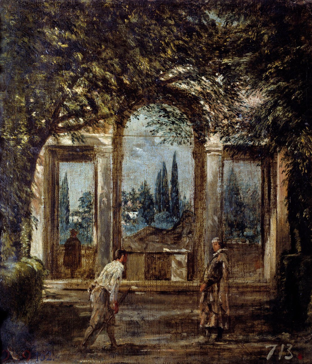 Villa Medicis Roomassa, Kleopatra-paviljonki tai "Arianen paviljonki". Näkymä Villa Mediciksen puutarhaan Roomassa. Diego Rodriguez de Silvan ja Velasquezin (1599-1660) maalaus tekijältä Diego Velázquez