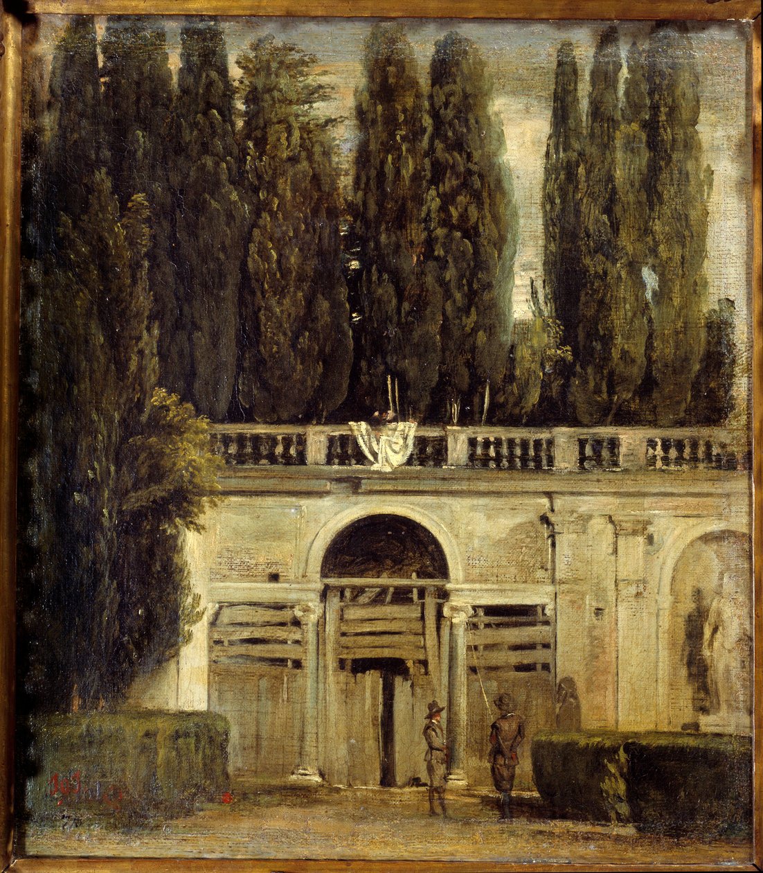 Villa Medicis Roomassa, kaksi miestä rakenteilla olevan loggian luolan sisäänkäynnillä Näkymä Villa Mediciksen puutarhaan. Diego Velasquezin (1599-1660) maalaus, noin 1649 su. 0,48x0,42 m Madrid, Prado-museo tekijältä Diego Velázquez