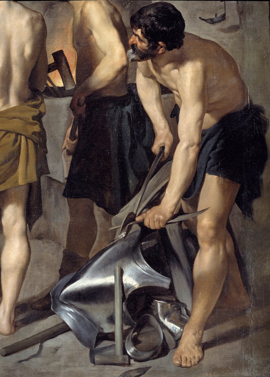Vulcanin takomo, yksityiskohta. Yksi seppä työskentelee panssarin parissa. Diego Velasquezin (1599-1660) maalaus 1630 su. 2,23x2,90 m Madrid, Prado-museo tekijältä Diego Velázquez