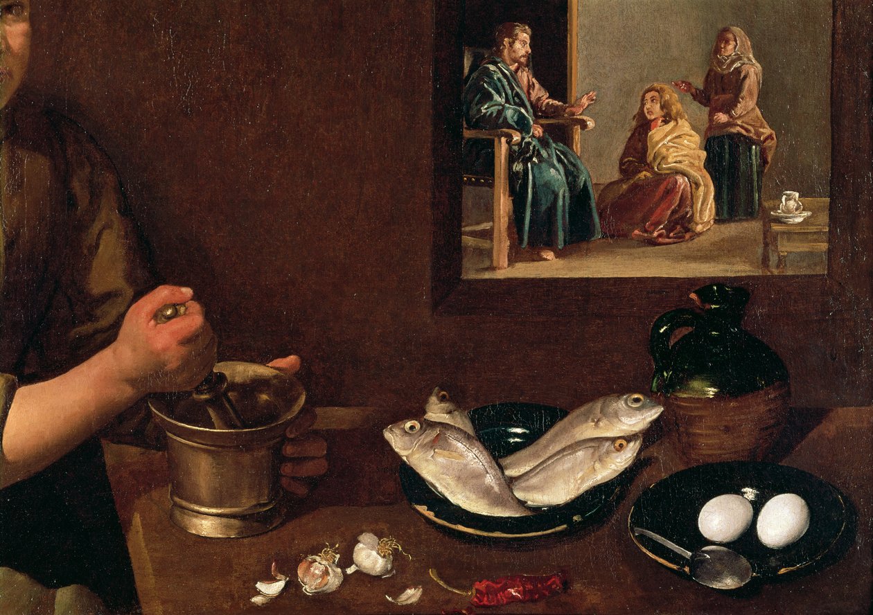 Keittiökohtaus Kristuksen kanssa Martan ja Marian talossa (yksityiskohta Ruoasta pöydällä Kristuksen, Martan ja Marian kanssa taustalla, katso 99423), n. 1618 tekijältä Diego Velázquez