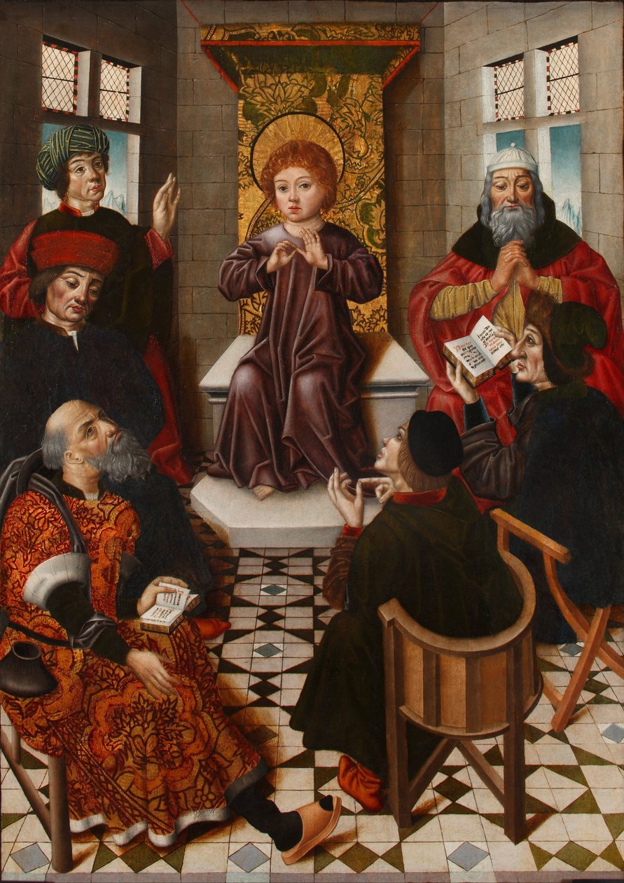 Jeesus lääkäreiden joukossa - Kristus lääkäreiden joukossa - Cruz, Diego de la (toimii 1482-1500) - n. 1490 - Öljy puulle - 102x76 - Lazaro Galdiano -museo, Madrid tekijältä Diego de la Cruz