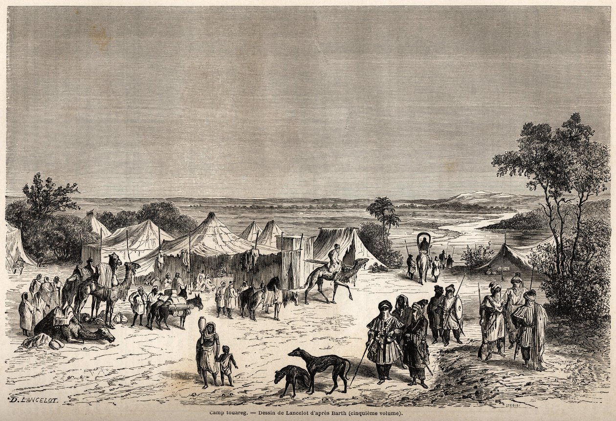 Lancelotin piirtämä Touareg-leiri havainnollistamaan tohtori Henri Barthin matkaa Afrikan keskustaan vuosina 1849-1855. Kaiverrus "" Le tour du monde, nouveau journal des voyages"" Paris tekijältä Dieudonne Auguste Lancelot