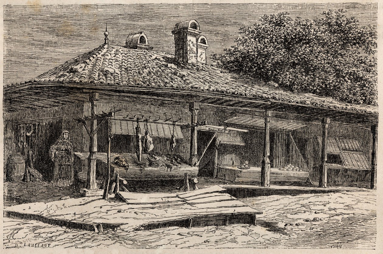 Lihakauppa ja leipomo Bukarestissa (Romania). Kaiverrus havainnollistamaan matkaa Pariisista Bukarestiin suunnittelija Lancelotin vuonna 1860 "Le tour du monde, nouveau journal des voyages" -julkaisussa, joka julkaistiin Edouard Chartonin johdolla. tekijältä Dieudonne Auguste Lancelot