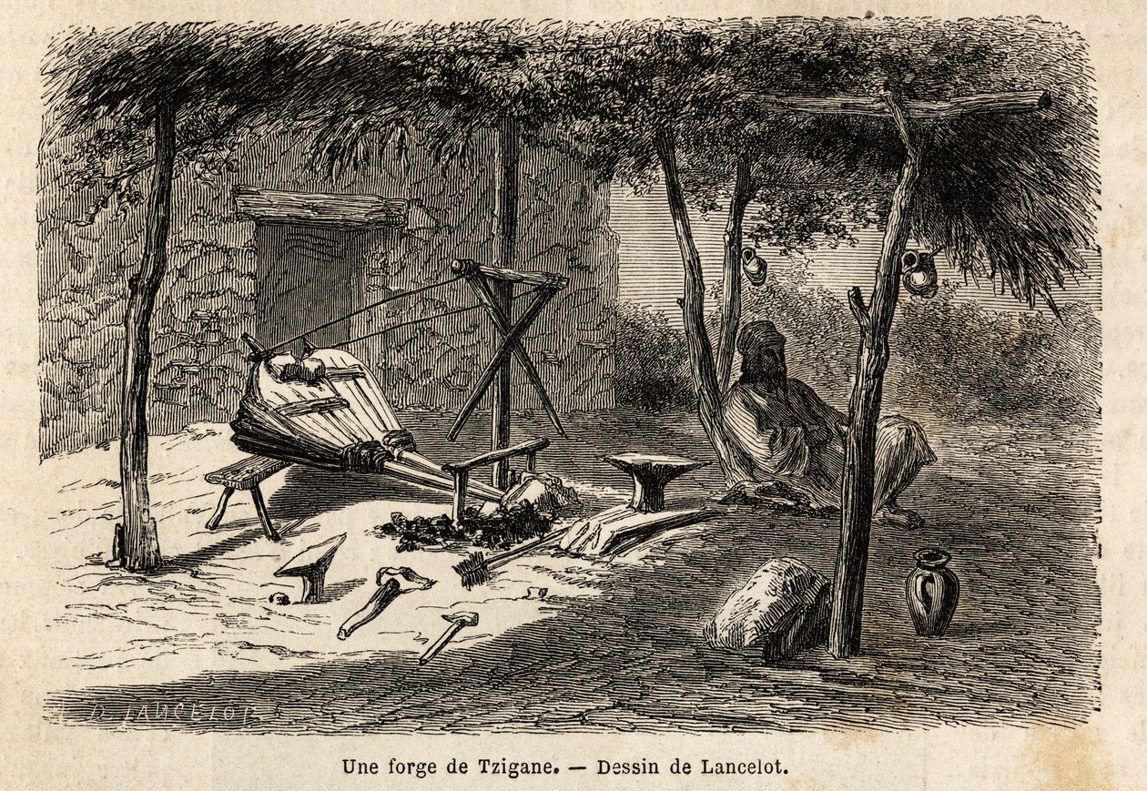 Mustalaispaja Walachian alueella, Romaniassa. Kaiverrus havainnollistamaan matkaa Pariisista Bukarestiin, laatija Lancelot, vuonna 1860, julkaistiin "Le tour du monde, nouveau journal des voyages" -lehdessä Edouard Chartonin johdolla. tekijältä Dieudonne Auguste Lancelot