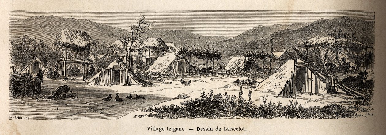 Mustalaiskylä. Kaiverrus havainnollistamaan matkaa Pariisista Bukarestiin, laatija Lancelot, vuonna 1860, julkaistiin "Le tour du monde, nouveau journal des voyages" -lehdessä Edouard Chartonin johdolla. tekijältä Dieudonne Auguste Lancelot