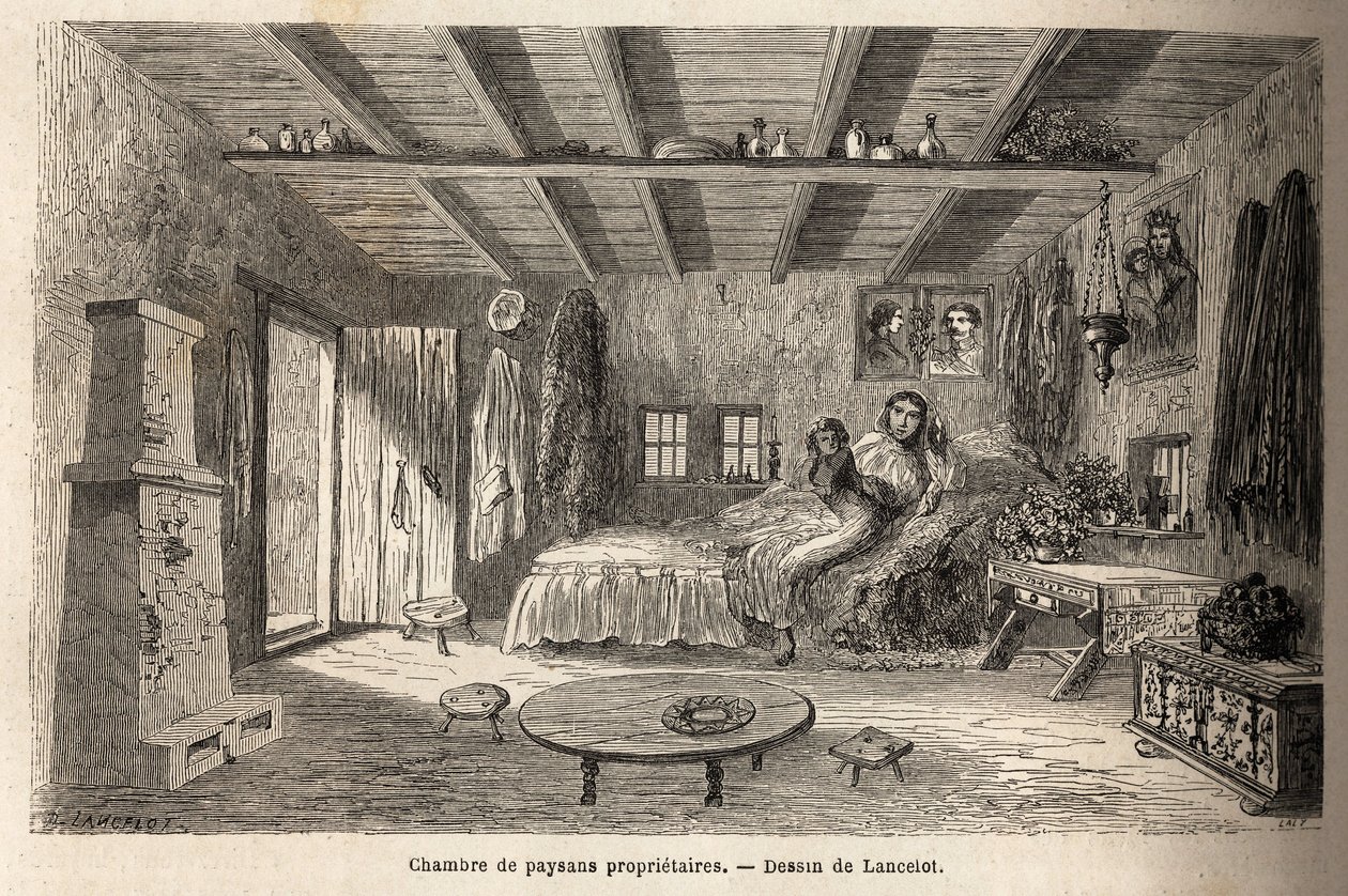 Omistajan talonpoikien talo Orezun läheisyydessä (Walachia, Romania). Kaiverrus havainnollistamaan matkaa Pariisista Bukarestiin, valmistelija Lancelot, vuonna 1860, julkaistiin "Le tour du monde, nouveau journal des voyages" ohjauksessa tekijältä Dieudonne Auguste Lancelot