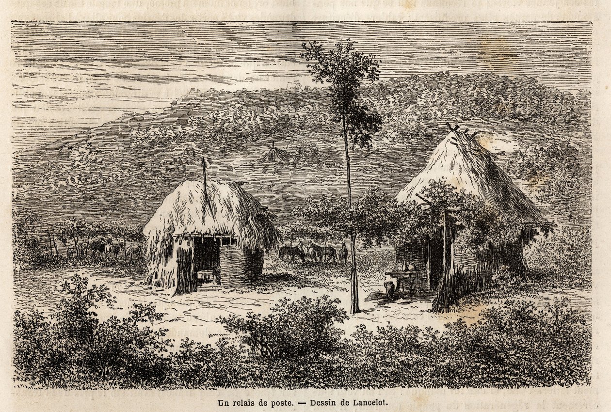 Postiviesti Bukarestin ja Pitestin välillä. Kaiverrus havainnollistamaan matkaa Pariisista Bukarestiin (Romania) vuonna 1860, suunnittelija Lancelotin "Le tour du monde, nouveau journal des voyages" -julkaisussa, joka julkaistiin Edouard Chartonin johdolla tekijältä Dieudonne Auguste Lancelot