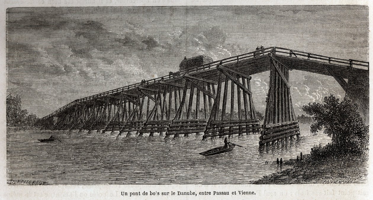 Puinen silta Tonavan yli Passaun ja Wienin välillä, Lancelotin piirros havainnollistamaan Victor Duruyn matkaa Pariisista Bukarestiin vuonna 1860. Kaiverrus kirjaan "" Le tour du monde", toimittanut Edouard Charton tekijältä Dieudonne Auguste Lancelot