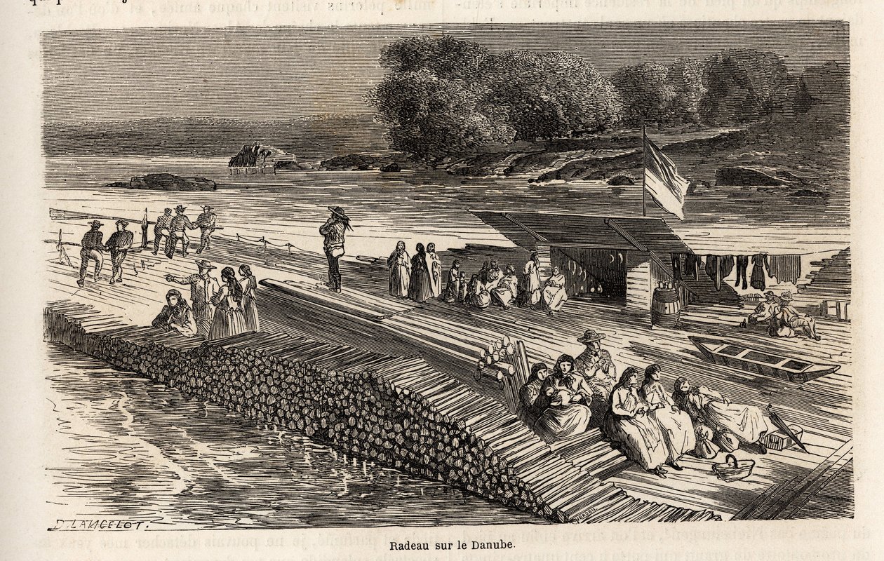 Puinen lautta Tonavalla tavaroiden ja ihmisten kuljettamiseen, Lancelotin piirros havainnollistamaan Victor Duruyn matkaa Pariisista Bukarestiin vuonna 1860. Kaiverrus kirjaan "" Le tour du monde", toimittanut Edouard Charton tekijältä Dieudonne Auguste Lancelot