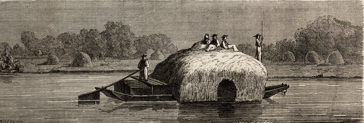 Rehun leikkaaminen, sadonkorjuu ja kuljetus Tonavan rannalla. Lancelotin piirros havainnollistamaan hänen matkaansa Pariisista Bukarestiin vuonna 1860. Kaiverrus kirjaan "" Le tour du monde", toimittanut Edouard Charton tekijältä Dieudonne Auguste Lancelot