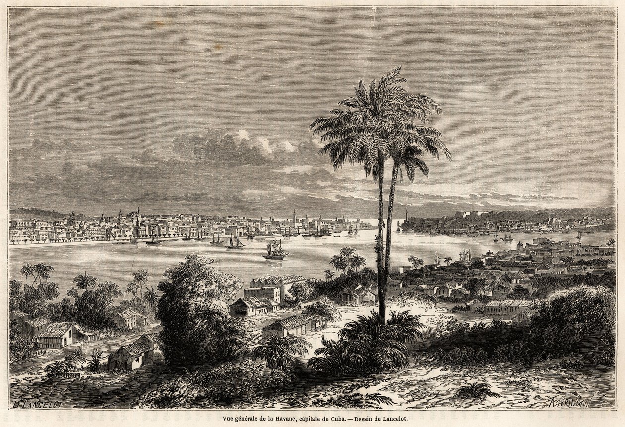 Yleiskuva Havannasta, Kuuban pääkaupungista, Lancelotin piirros havainnollistamaan matkaa Kuuban saarelle vuonna 1859, kirjoittanut Richard Dana (1815-1882). Kaiverrus "" Le tour du monde, nouveau journal des voyages"" Paris tekijältä Dieudonne Auguste Lancelot