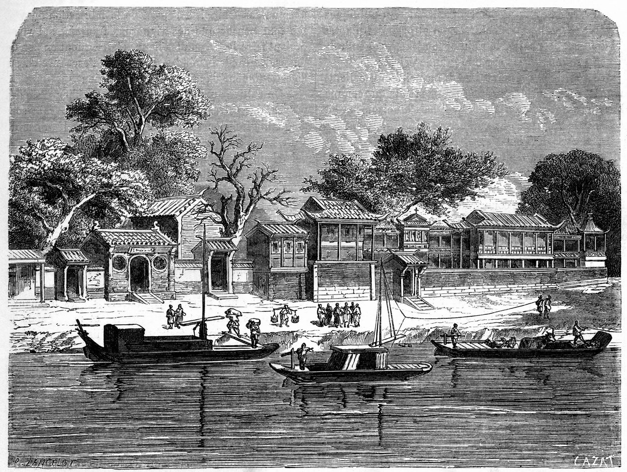 Palatsi, joka on suunniteltu ranskalaisille lähetyssaarnaajille Tien Tsinissä (Tien-Tsin, Tianjin), Kiinassa. Kaiverrus Lancelot, "" Le Tour du Monde, Nouveau Journal des Voyages", toimittanut Edouard Charton, Paris tekijältä Dieudonne Auguste Lancelot