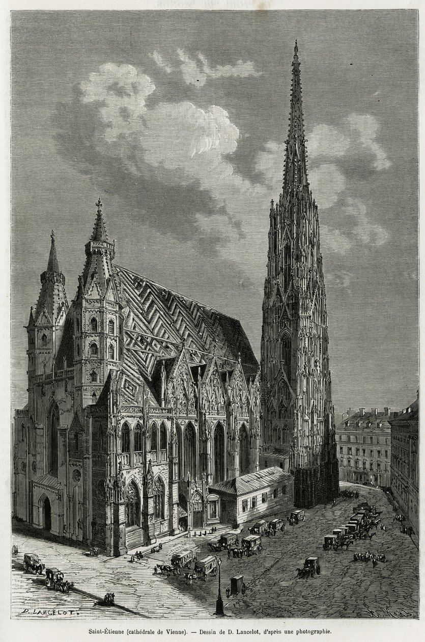 Pyhän Tapanin katedraali (St. Stephen tai Stephansdom tai St. Stephane tai St. Stephan Kirche) (rakennettu vuosina 1113-1147), Wien (Itävalta). Lancelotin kaiverrus havainnollistamaan tarinaa Vienne ja sen esikaupunki, M. Newlinski, vuonna 1881, julkaistii tekijältä Dieudonne Auguste Lancelot