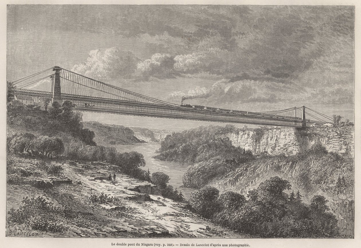 Lancelotin piirtämä Niagaran kaksoissilta havainnollistaa L. Devillen matkoja Pohjois-Amerikkaan vuosina 1854-55. Kaiverrus ”” Le tour du monde”” 1861. Selvan kokoelma. tekijältä Dieudonne Auguste Lancelot