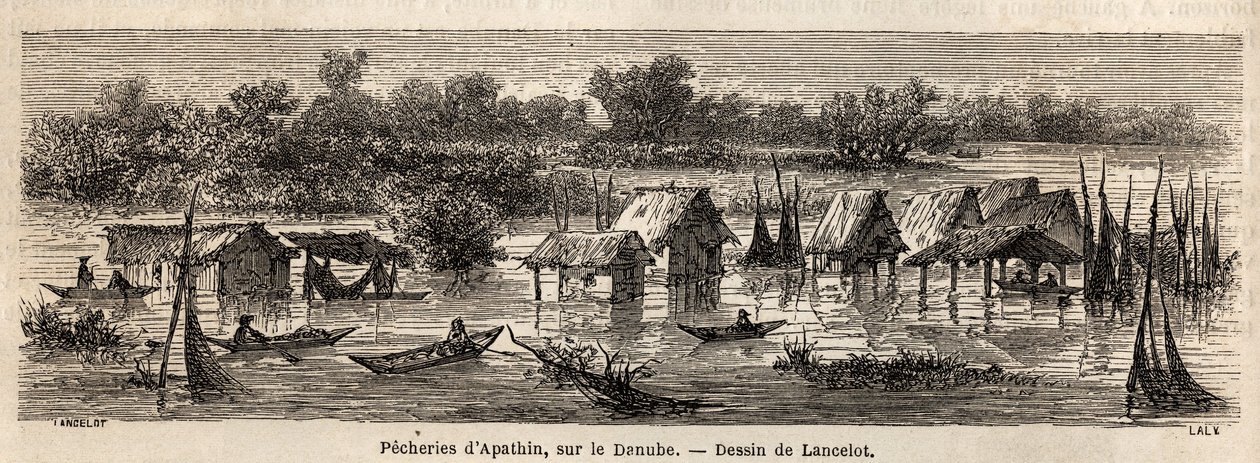 Apathinin (Serbia) kalastus Tonavalla. Lancelotin piirros havainnollistamaan hänen matkaansa Pariisista Bukarestiin vuonna 1860. Kaiverrus kirjaan "" Le tour du monde", toimittanut Edouard Charton tekijältä Dieudonne Auguste Lancelot