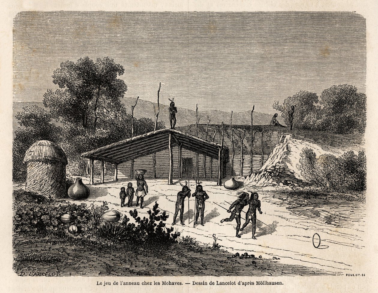 Sormuspeli Mohaves-intiaanien keskuudessa, Lancelotin piirtäminen havainnollistamaan Baudouin Mollhausenin (1825-1905) matkaa Mississippillä Tyynellemerelle vuosina 1853-54. Kaiverrus "" Le tour du monde, nouveau journal des voyages"" Paris tekijältä Dieudonne Auguste Lancelot