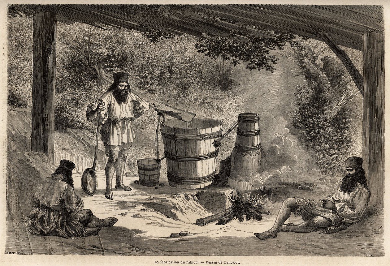 Rakioun, viljaalkoholin, eräänlaisen snapsin valmistus on hyvin yleistä Romaniassa. Kaiverrus havainnollistamaan matkaa Pariisista Bukarestiin, valmistelija Lancelot, vuonna 1860, julkaistu "Le tour du monde, nouveau journal des voyages" ohjeiden alla tekijältä Dieudonne Auguste Lancelot
