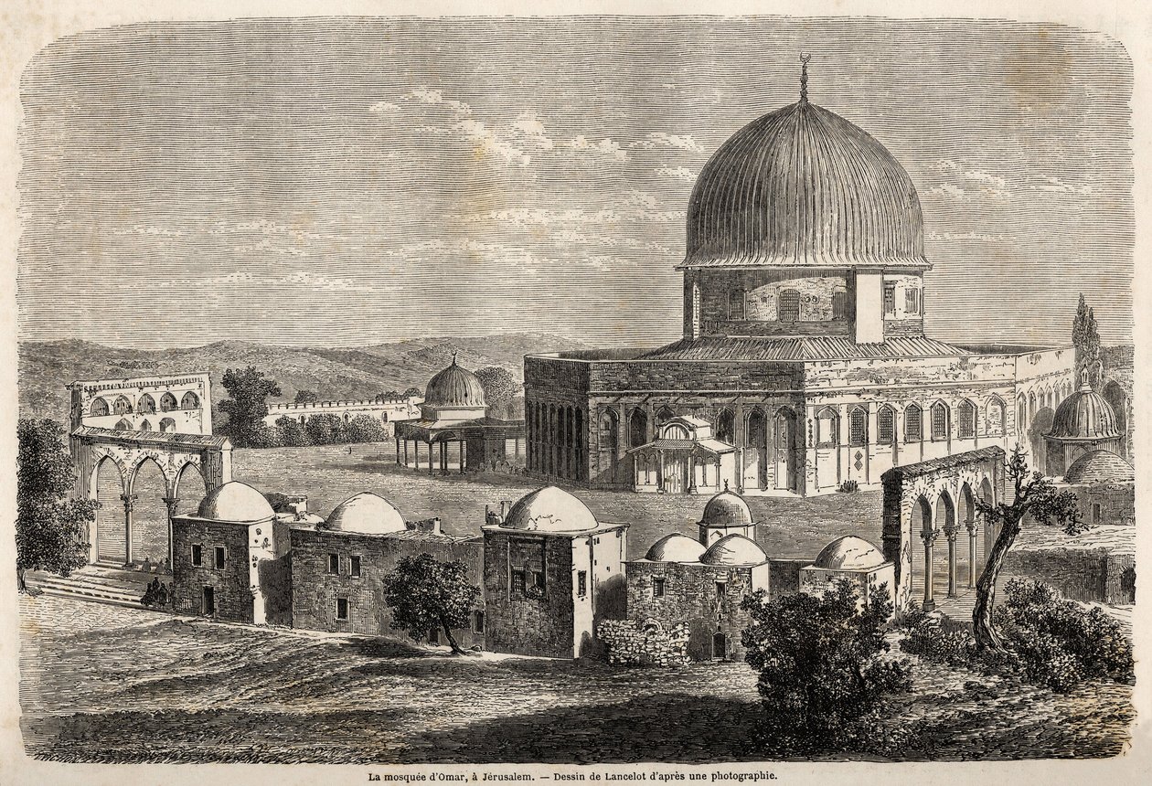 Omarin moskeija, rakennettu vuonna 691 Jerusalemiin, Lancelotin piirros havainnollistamaan herra Bidan matkaa Palestiinaan vuonna 1856. Kaiverrus "" Le tour du monde, nouveau journal des voyages" Paris tekijältä Dieudonne Auguste Lancelot