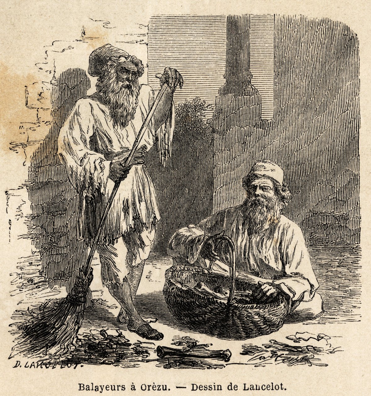 Lakaisukoneet Orezussa (Romania). Kaiverrus havainnollistamaan matkaa Pariisista Bukarestiin, laatija Lancelot, vuonna 1860, julkaistiin "Le tour du monde, nouveau journal des voyages" -lehdessä Edouard Chartonin johdolla. tekijältä Dieudonne Auguste Lancelot