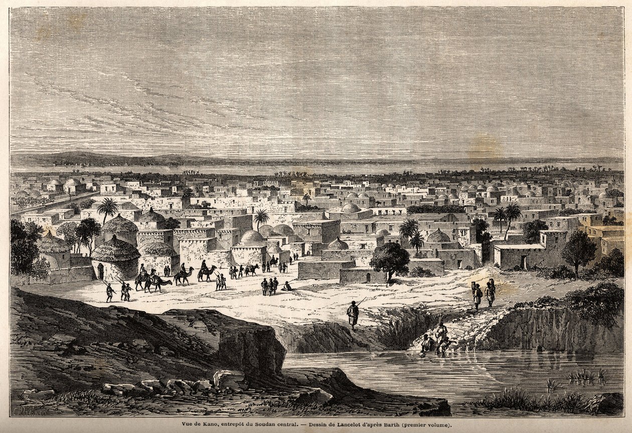 Näkymä Kanoon (kaupunki ja osavaltio nykyisen Nigerian pohjoispuolella), Keski-Sudanin varasto, Lancelotin piirros havainnollistamaan tohtori Henri Barthin matkaa 1849-1855 Afrikan keskustaan. Kaiverrus "" Le tour du monde, nouveau journal des voyages"" tekijältä Dieudonne Auguste Lancelot