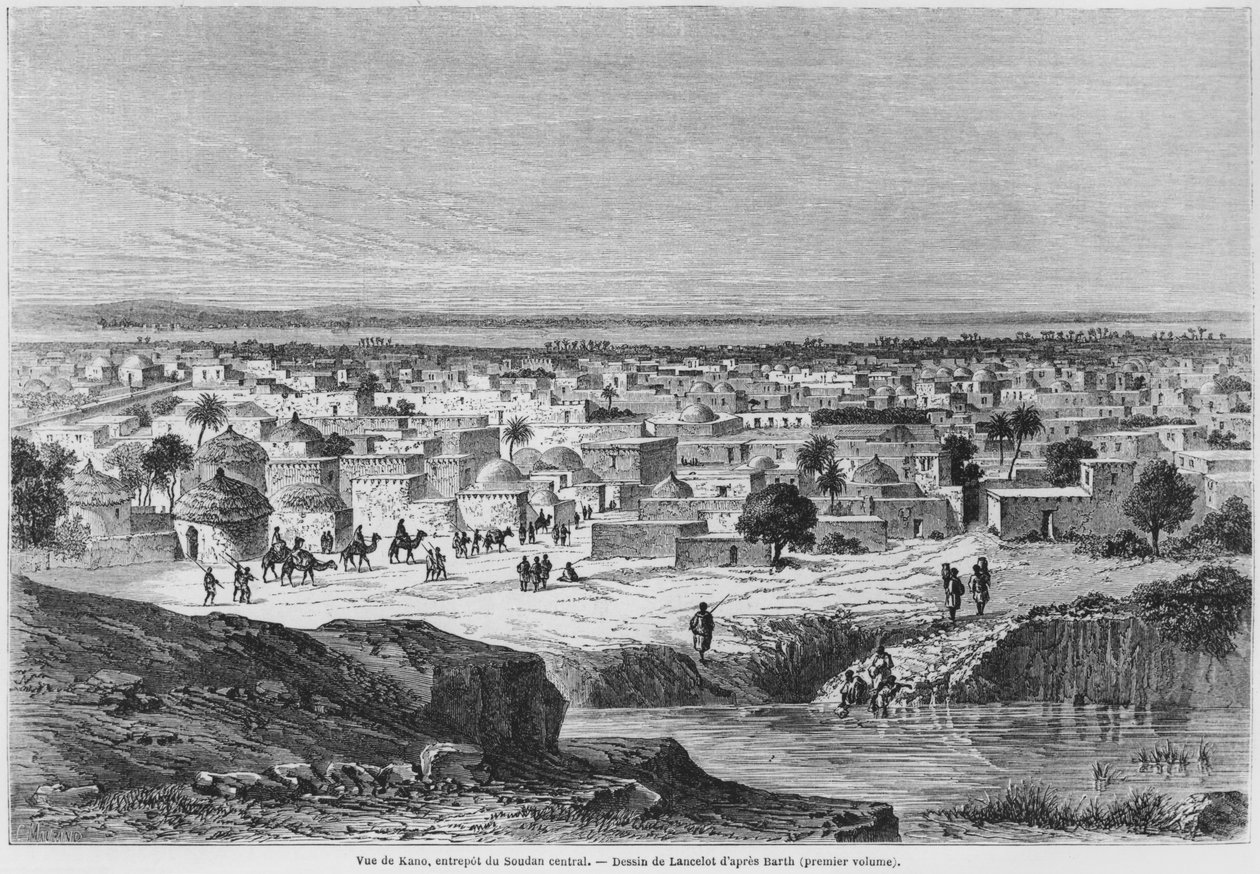 Näkymä Kanosta, Nigeria, Heinrich Barthin (1821-65) "Travels and Discoveries in North and Central Africa" -teoksesta, joka on julkaistu julkaisussa "Le Tour du Monde", kaiverrettu Charles Maurandin (1800-luku) toimesta 1860 (kaiverrus). tekijältä Dieudonne Auguste Lancelot