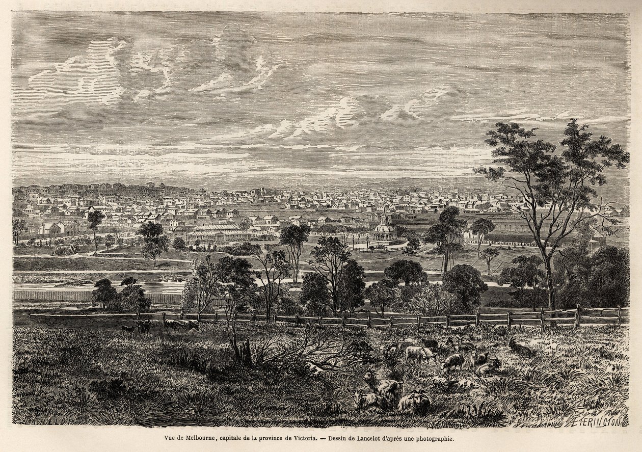 Näkymä Melbournessa (Australia), Lancelotin piirros havainnollistamaan muistoja ranskalaisesta squatterista Australiassa vuosina 1854-1859, kirjoittanut M. de Castella. Kaiverrus ”” Le tour du monde”” 1861. Selvan kokoelma. tekijältä Dieudonne Auguste Lancelot