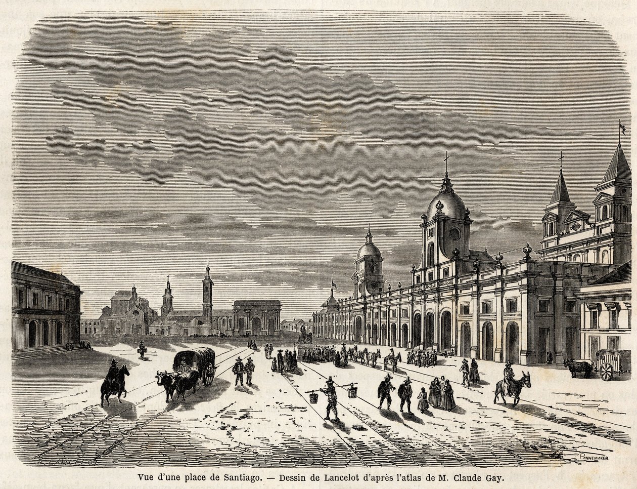 Näkymä aukiolta Santiagossa (Chile), Lancelotin piirustus kuvaamaan matkaa Etelä-Amerikkaan vuonna 1823, Giovanni Mastai Ferretti (1792-1878, tuleva Pius IX). Kaiverrus "" Le tour du monde, nouveau journal des voyages"" Paris tekijältä Dieudonne Auguste Lancelot