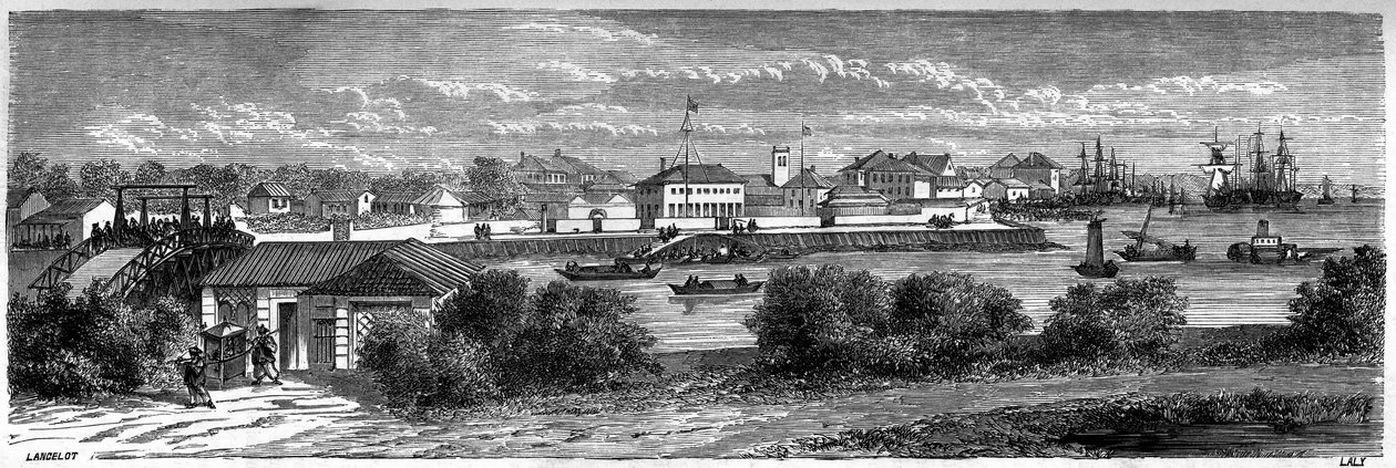 Näkymä Yhdysvaltojen toimiluvasta Huangpu-joella Shanghaissa vuonna 1860, Kiina. Kaiverrus Lancelot, "" Le Tour du Monde, Nouveau Journal des Voyages", toimittanut Edouard Charton, Paris tekijältä Dieudonne Auguste Lancelot