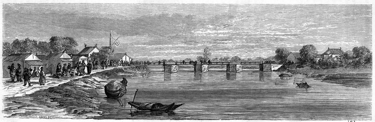 Näkymä sillalta Suzhou-joen yli Shanghain lähellä vuonna 1860, Kiina. Kaiverrus Lancelot, "" Le Tour du Monde, Nouveau Journal des Voyages", toimittanut Edouard Charton, Paris tekijältä Dieudonne Auguste Lancelot