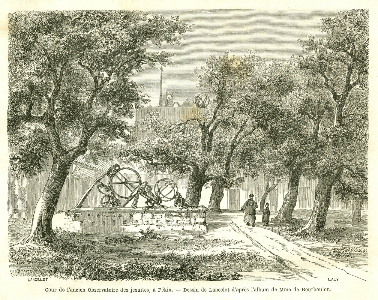 Näkymä entisen jesuiittaobservatorion pihalle Pekinissä (Peking), Kiina. Kaiverrus Lancelot, "" Le Tour du Monde, Nouveau Journal des Voyages", toimittanut Edouard Charton, Paris tekijältä Dieudonne Auguste Lancelot