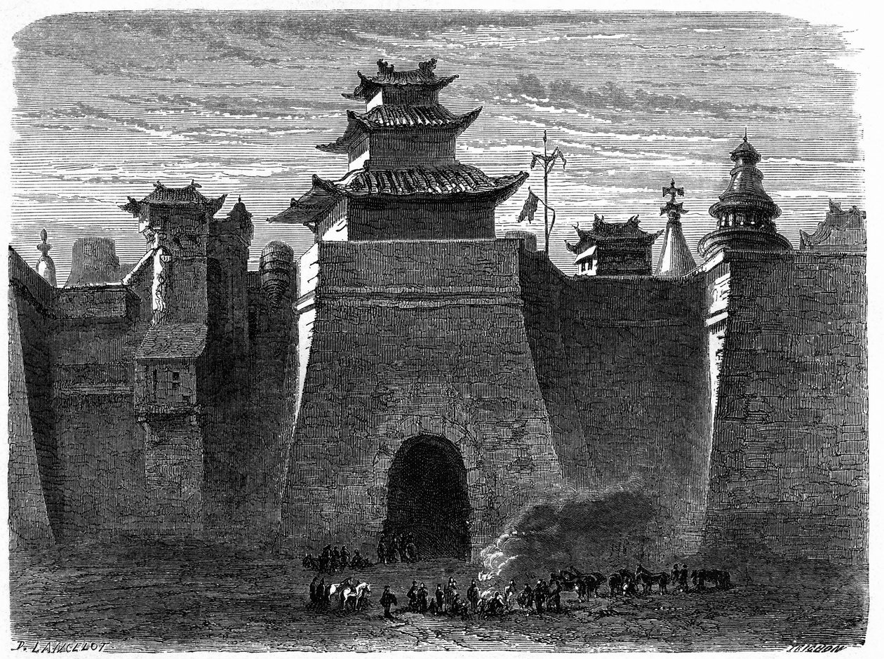 Pekinin seinät ja portti (Peking), Kiina. Kaiverrus Lancelot, "" Le Tour du Monde, Nouveau Journal des Voyages", toimittanut Edouard Charton, Paris tekijältä Dieudonne Auguste Lancelot
